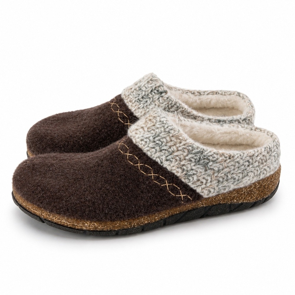 Earth Origins Clogs Women 8 Mahogany Brown Felt Knit Faux Fur Mules Comfort Shoe